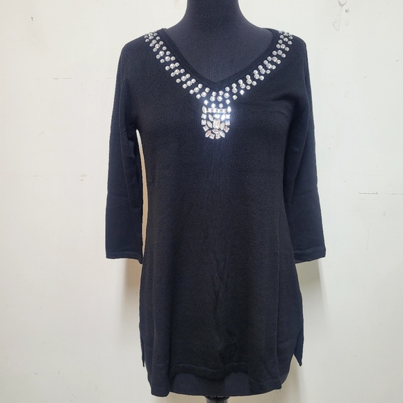 NEW! IMAN Jeweled Embellished "Touch of Cashmere" Sweater Tunic, Black - Picture 3 of 14